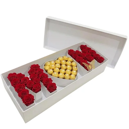 Caja dia de la madre con rosas y bombones mom white